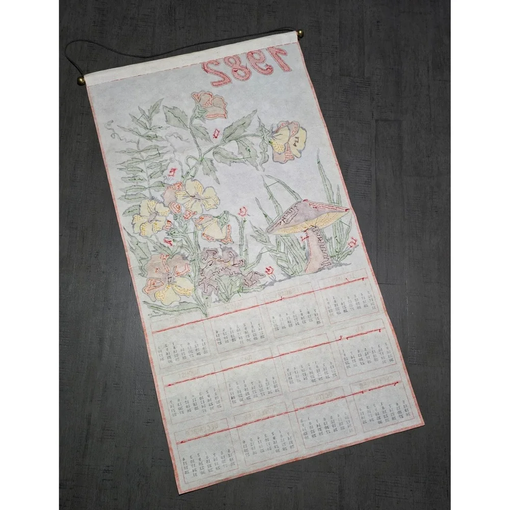 Vintage 1982 Felt‎ Wall Calendar with Sequins, Mushrooms & Floral Design